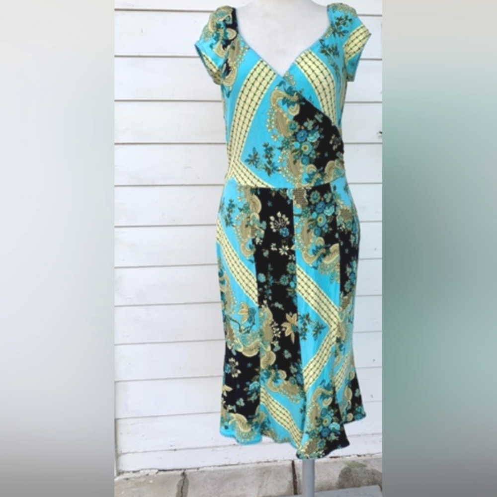 Vtg Rare Turquoise Floral Midi Milkmaid Dress. Cap Sleeves, S.